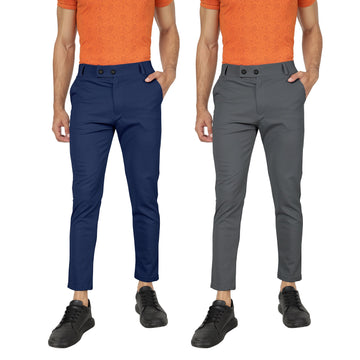 Combo Pack Of 2 Blue And Dark Grey Lycra Stretchable Formal Stylish Slim Fit Trousers.