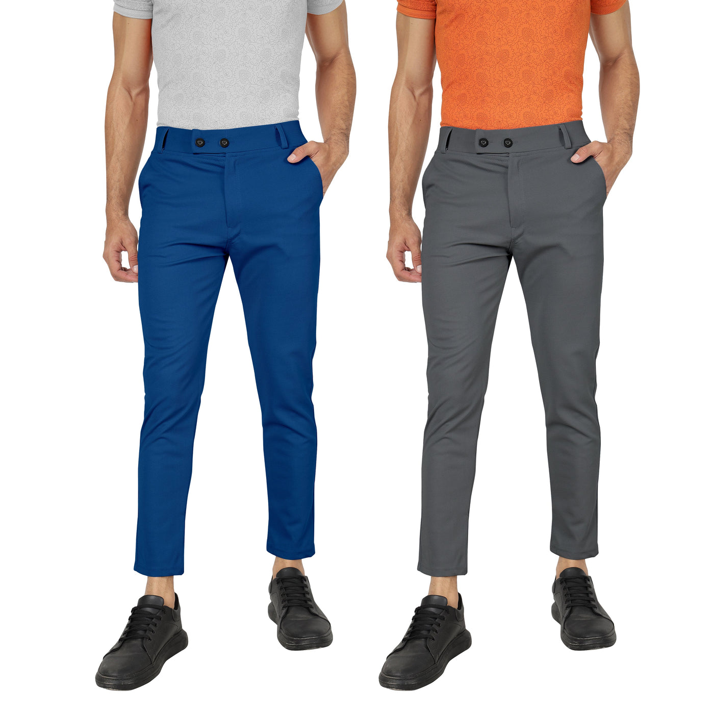 Combo Pack Of 2 Teal Blue And Dark Grey Lycra Stretchable Formal Stylish Slim Fit Trousers.