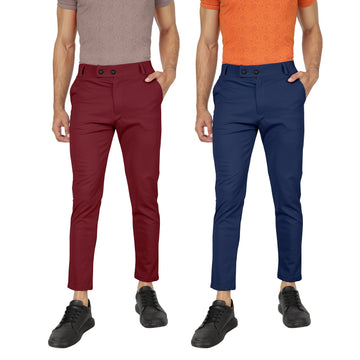 Combo Pack Of 2 Maroon And Blue Lycra Stretchable Formal Stylish Slim Fit Trousers.