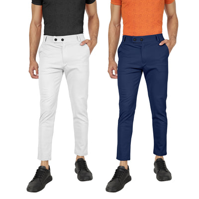 Combo Pack Of 2 White And Blue Lycra Stretchable Formal Stylish Slim Fit Trousers.