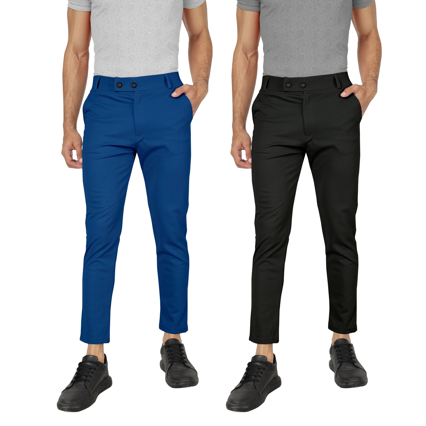 Combo Pack Of 2 Teal Blue And Black Lycra Stretchable Formal Stylish Slim Fit Trousers.