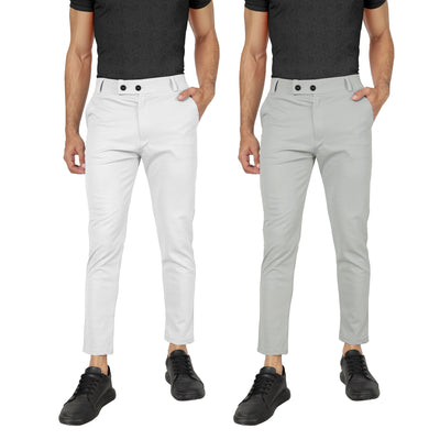 Combo Pack Of 2 White And Light Grey Lycra Stretchable Formal Stylish Slim Fit Trousers.