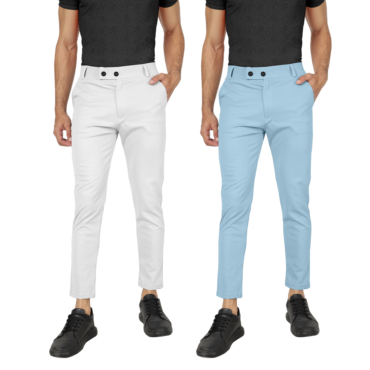 Combo Pack Of 2 White And Sky Lycra Stretchable Formal Stylish Slim Fit Trousers.