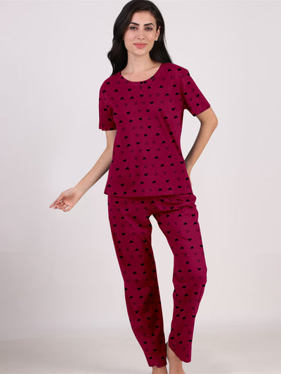 Women's And Girl's Cotton Heart Printed Maroon Night Suit Set of T-Shirt & Pyjama.