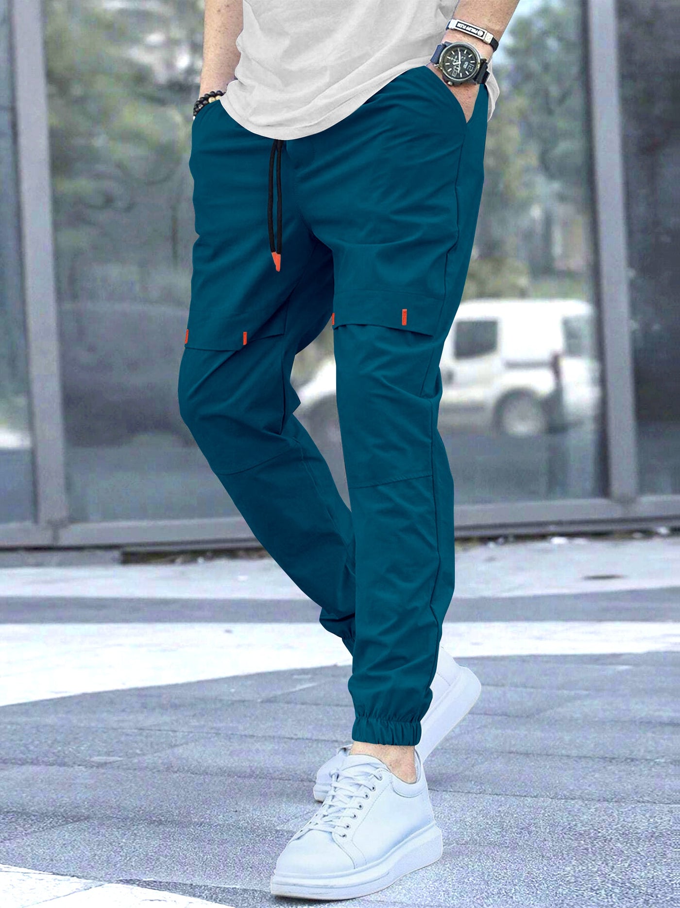 Cargo Cotton Pants in Teal Blue and White.Cargos for Men.Track Pant for Boys amd Men.Oversize Cargo Trouser.Men's Oversized Cargo Utility Joggers.Multi Poket pent.