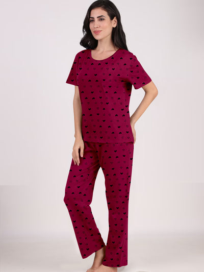 Women's And Girl's Cotton Heart Printed Maroon Night Suit Set of T-Shirt & Pyjama.