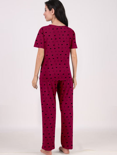 Women's And Girl's Cotton Heart Printed Maroon Night Suit Set of T-Shirt & Pyjama.
