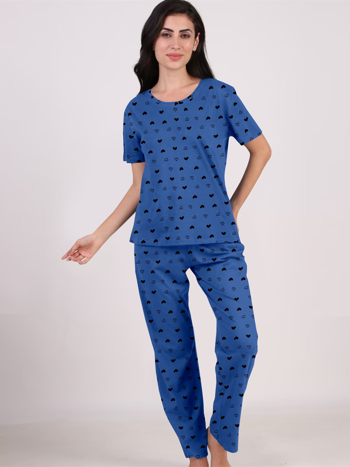 Women's And Girl's Cotton Heart Printed Blue Night Suit Set of T-Shirt & Pyjama.