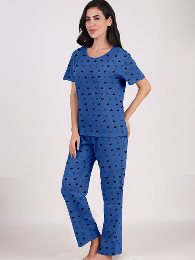 Women's And Girl's Cotton Heart Printed Blue Night Suit Set of T-Shirt & Pyjama.
