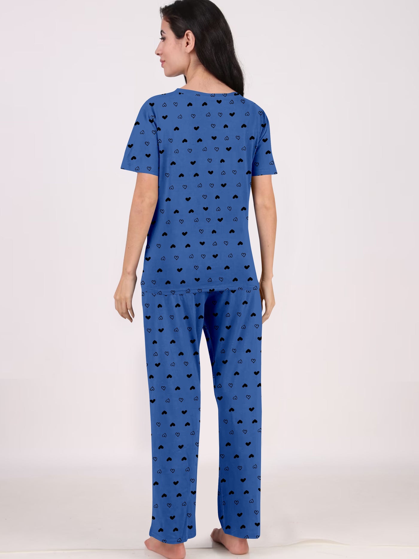 Women's And Girl's Cotton Heart Printed Blue Night Suit Set of T-Shirt & Pyjama.
