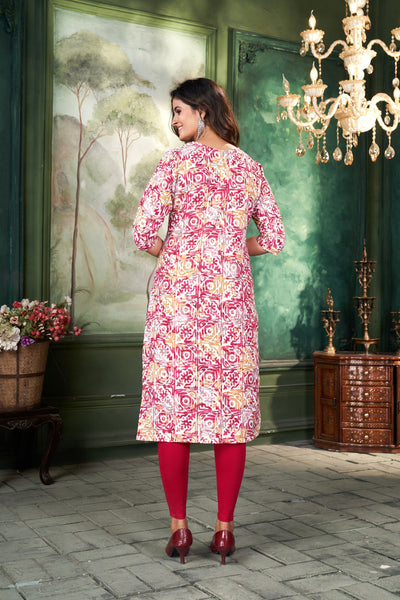 Women Printed Pink Cotton Kurti.