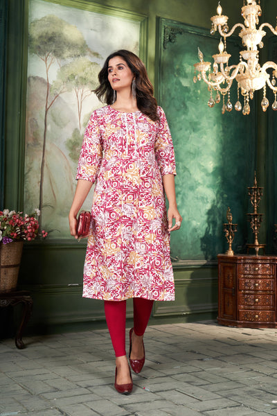 Women Printed Pink Cotton Kurti.