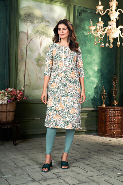Women Printed Green Cotton Kurti.