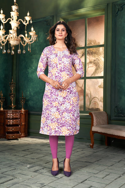 Women Printed Purple Cotton Kurti.