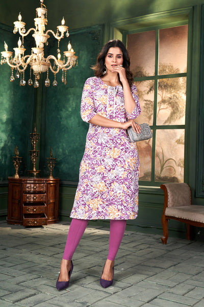 Women Printed Purple Cotton Kurti.
