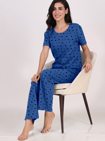Women's And Girl's Cotton Heart Printed Blue Night Suit Set of T-Shirt & Pyjama.