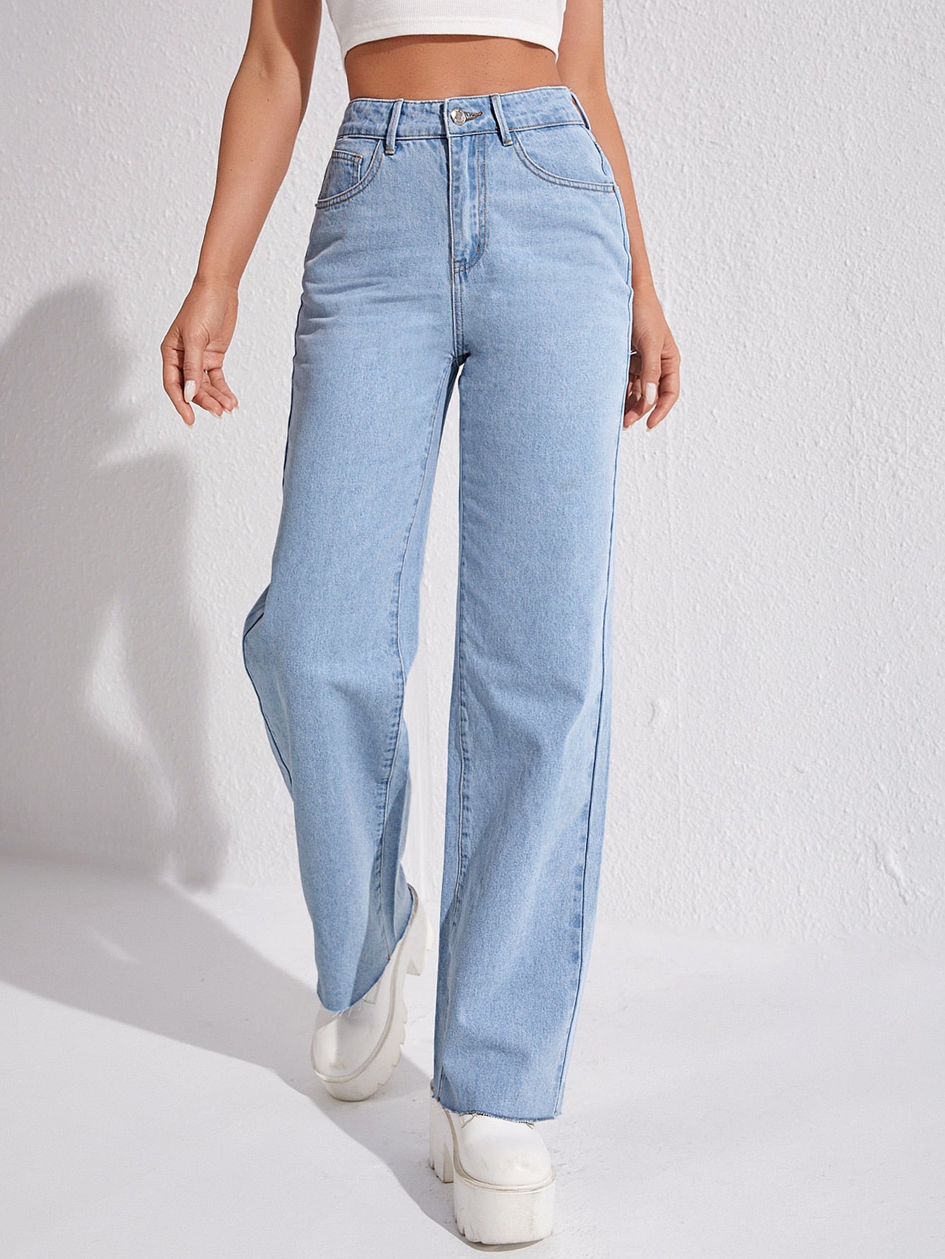 MEELANA Women's Wide Leg High Waist Distress Jeans