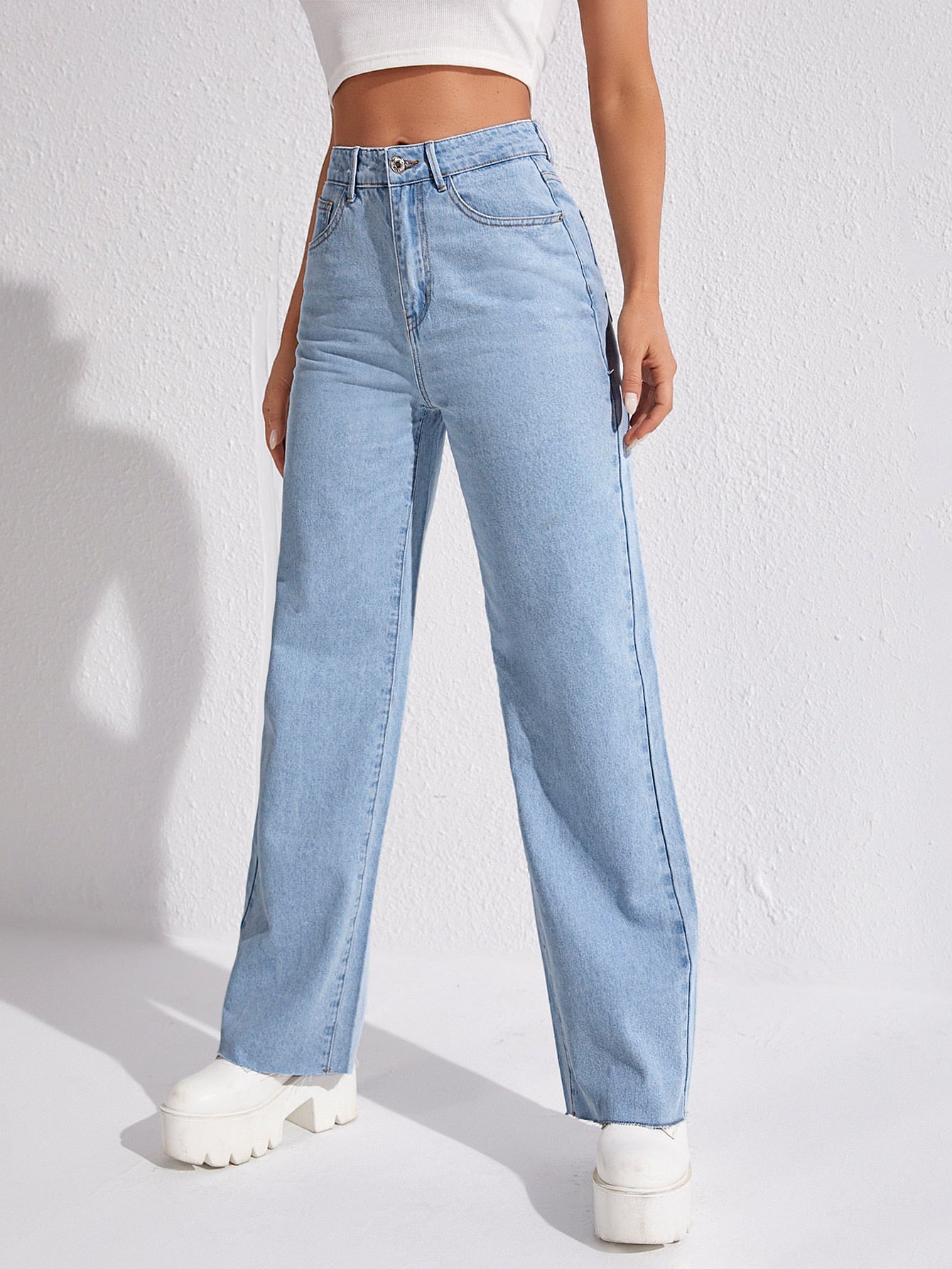 MEELANA Women's Wide Leg High Waist Distress Jeans