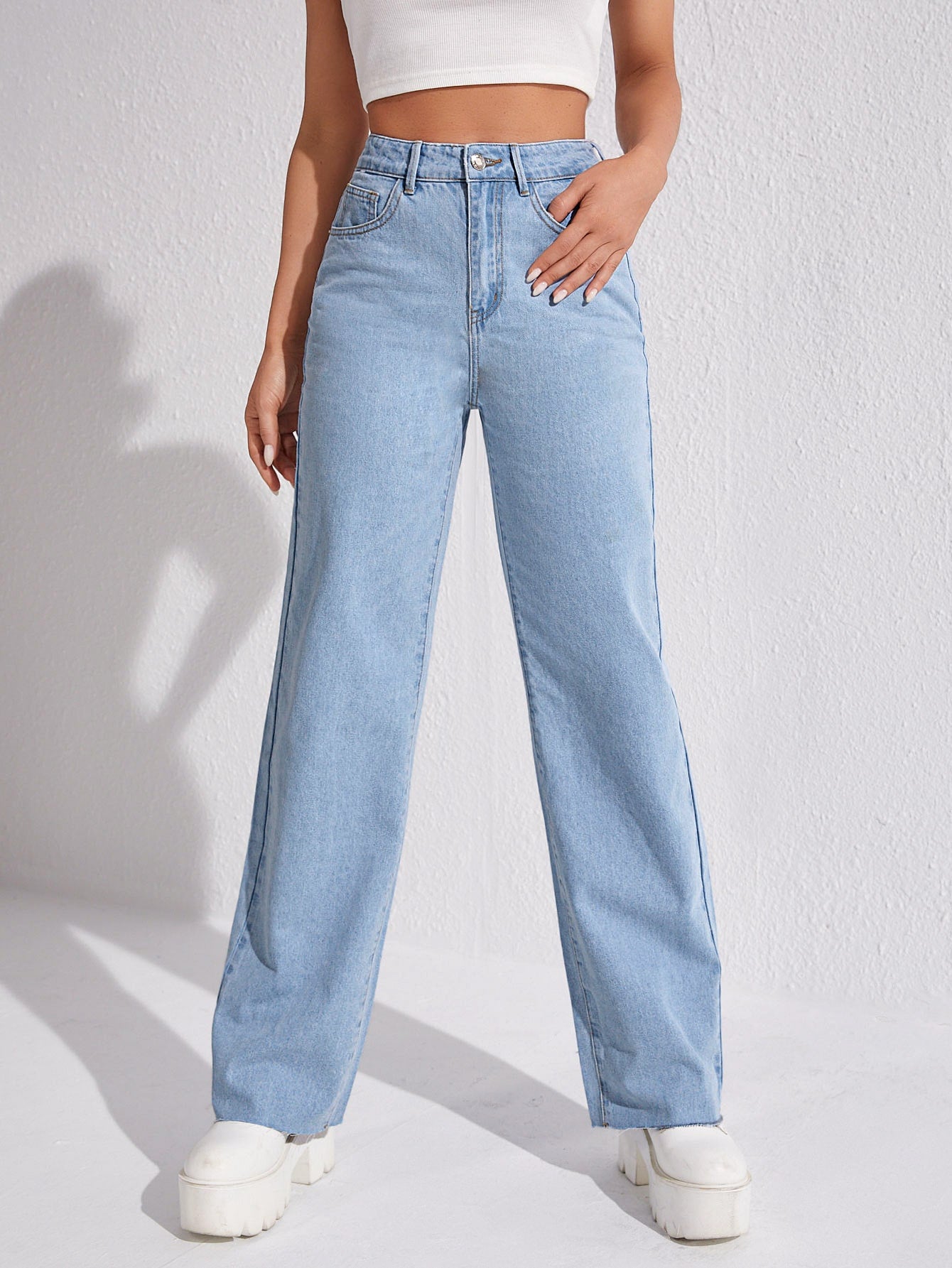 MEELANA Women's Wide Leg High Waist Distress Jeans