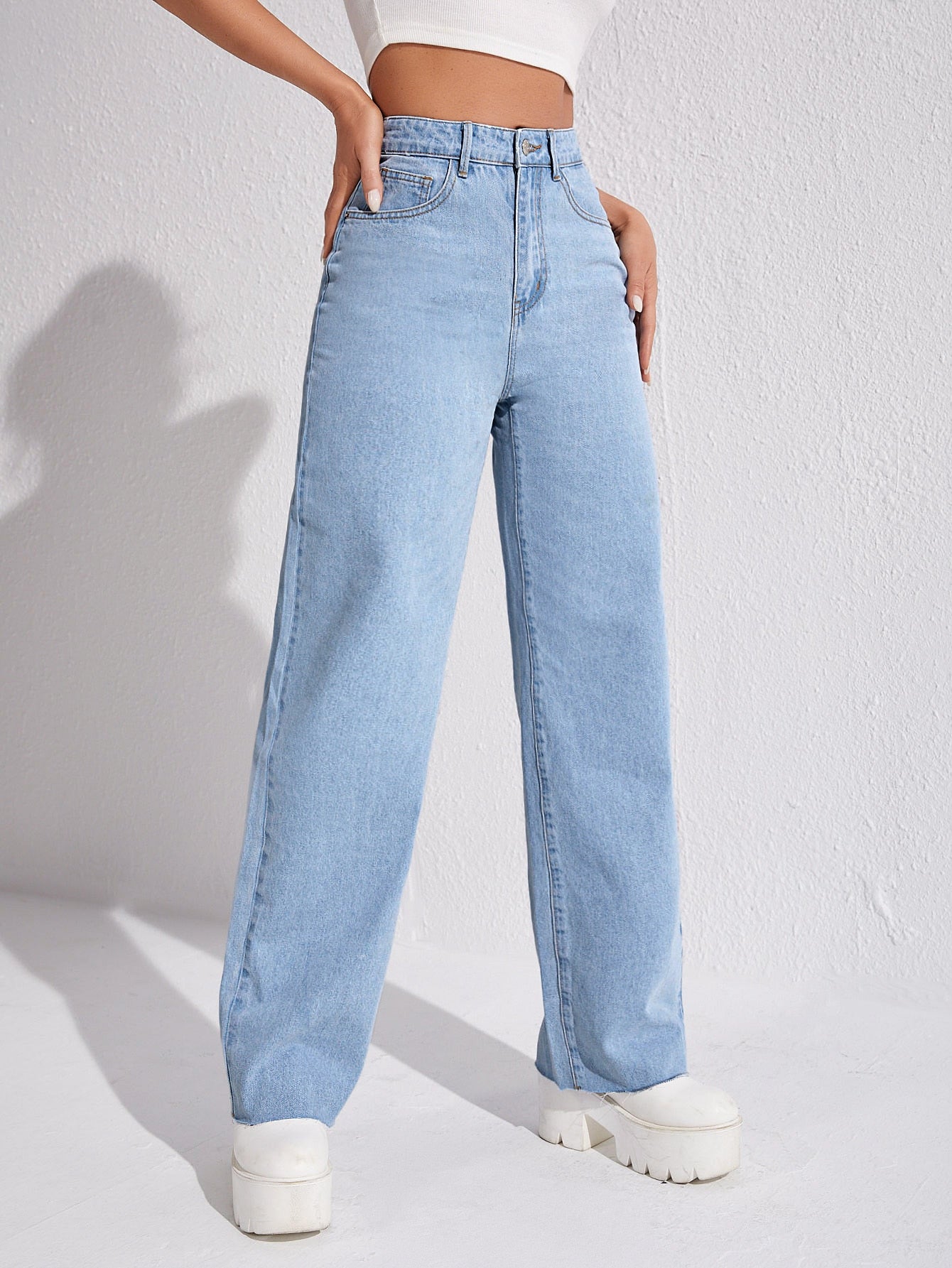 MEELANA Women's Wide Leg High Waist Distress Jeans