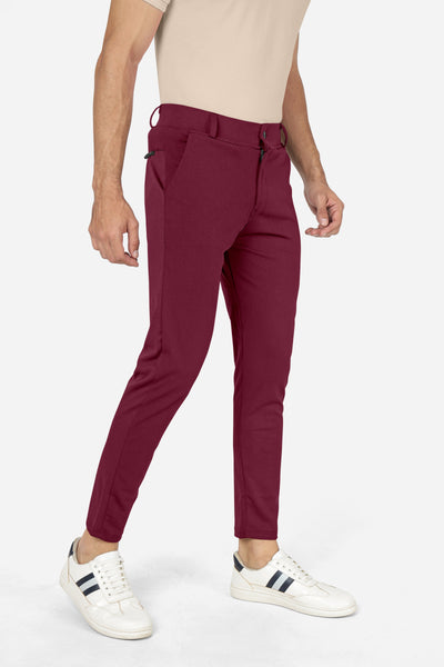 Formal Stretchable Maroon Pant with Expandable Waist for Men. Regular Fit, Flat Front, Premium Lycra Fabric Pants for Office, Party and Casual Wear