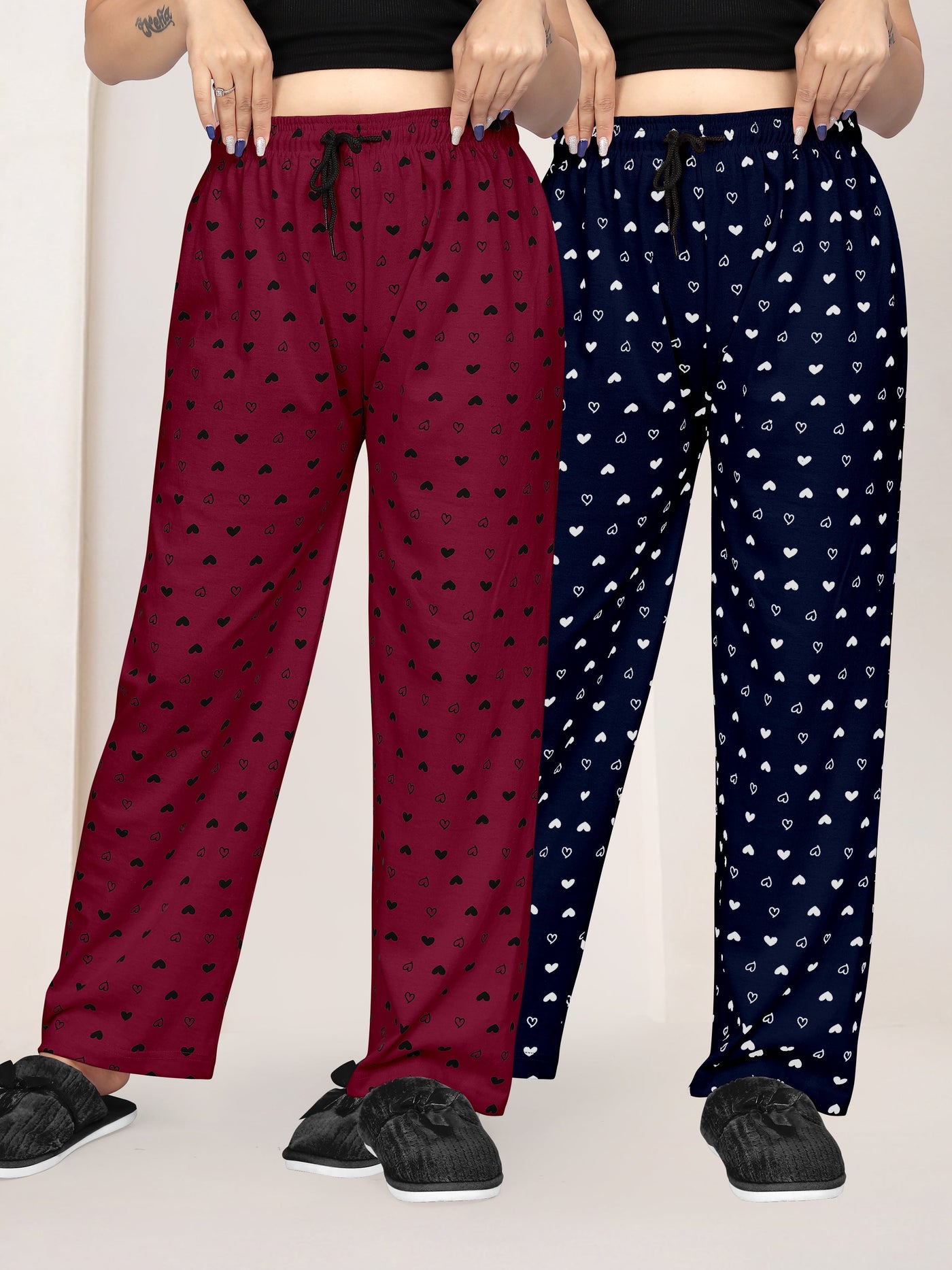 Women Printed Regular Fit Pyjamas(Maroon/Navy Blue)(Pack Of 2)