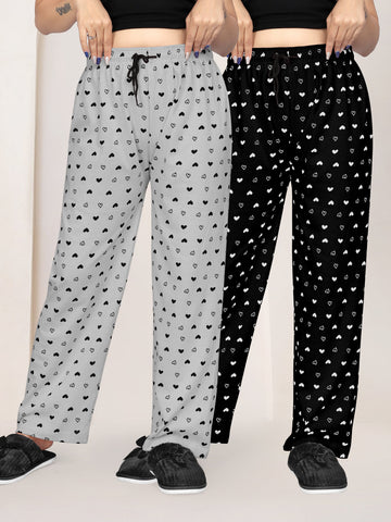Women Printed Regular Fit Pyjamas(Light Grey/Black)(Pack Of 2)