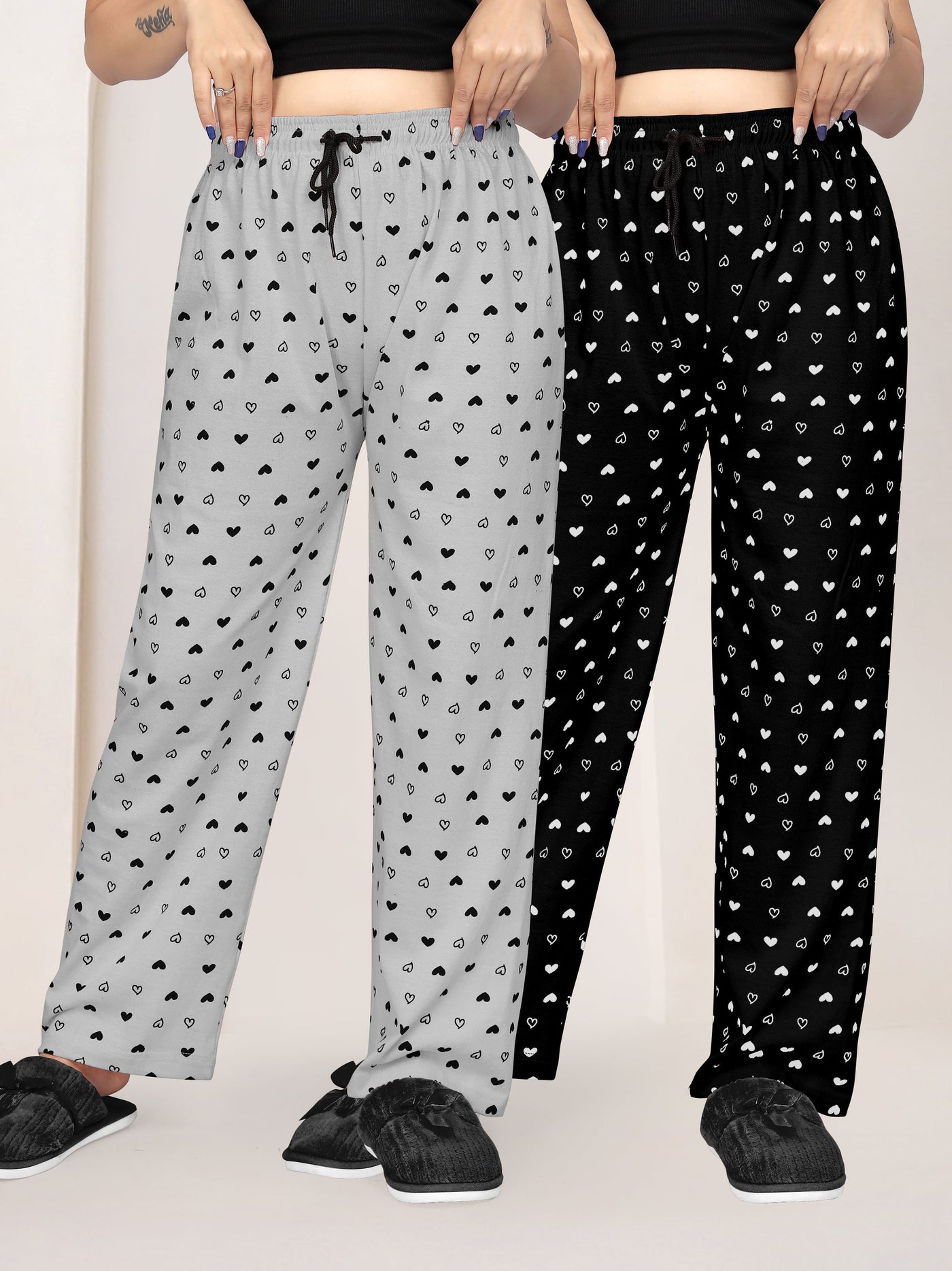 Women Printed Regular Fit Pyjamas(Light Grey/Black)(Pack Of 2)