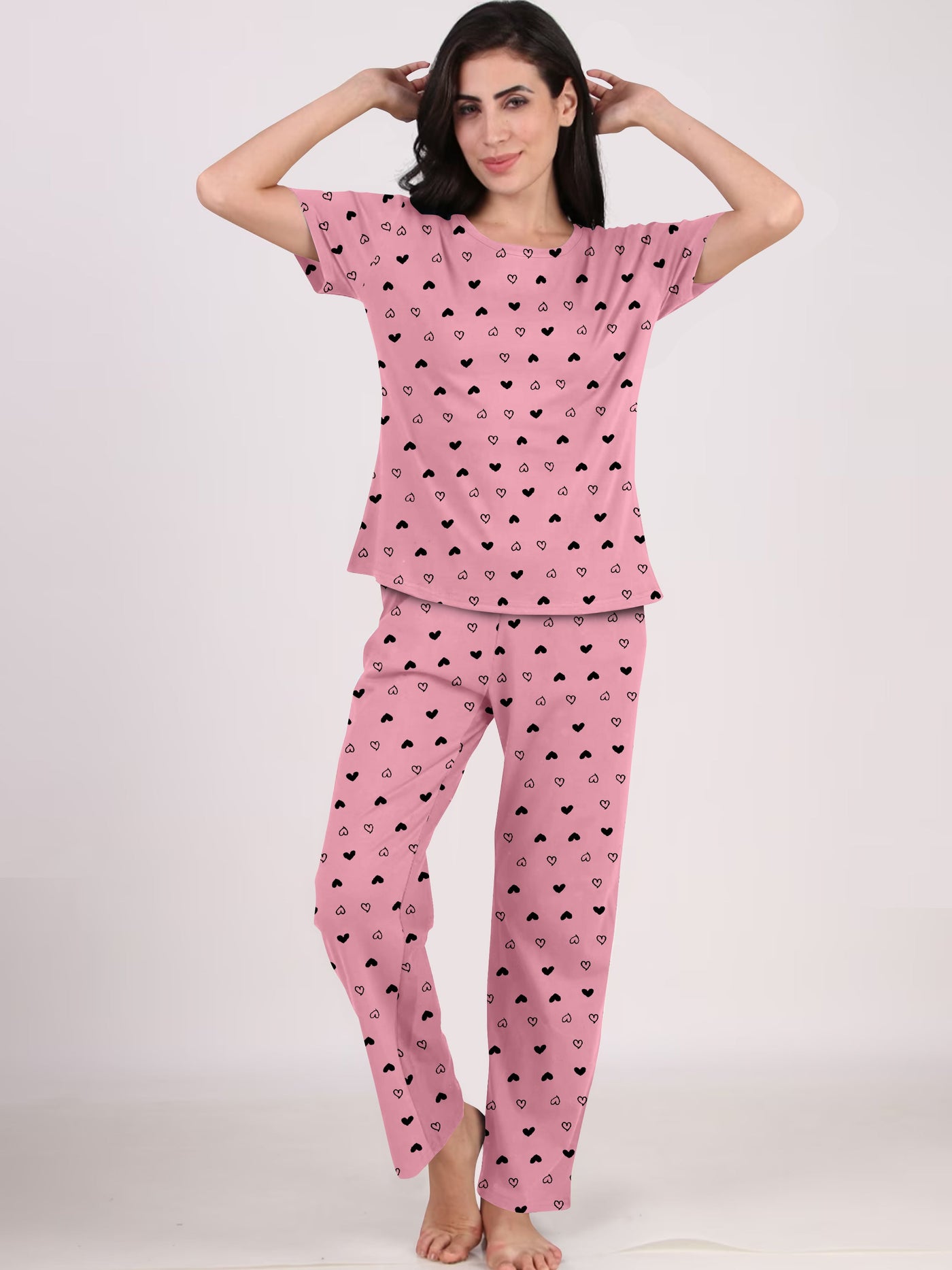 Women's And Girl's Cotton Heart Printed Baby Pink Night Suit Set of T-Shirt & Pyjama.