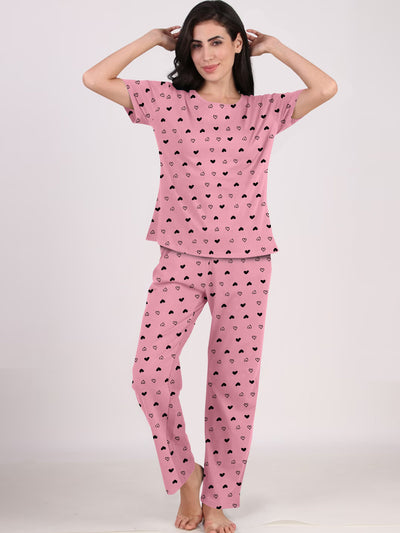 Women's And Girl's Cotton Heart Printed Baby Pink Night Suit Set of T-Shirt & Pyjama.