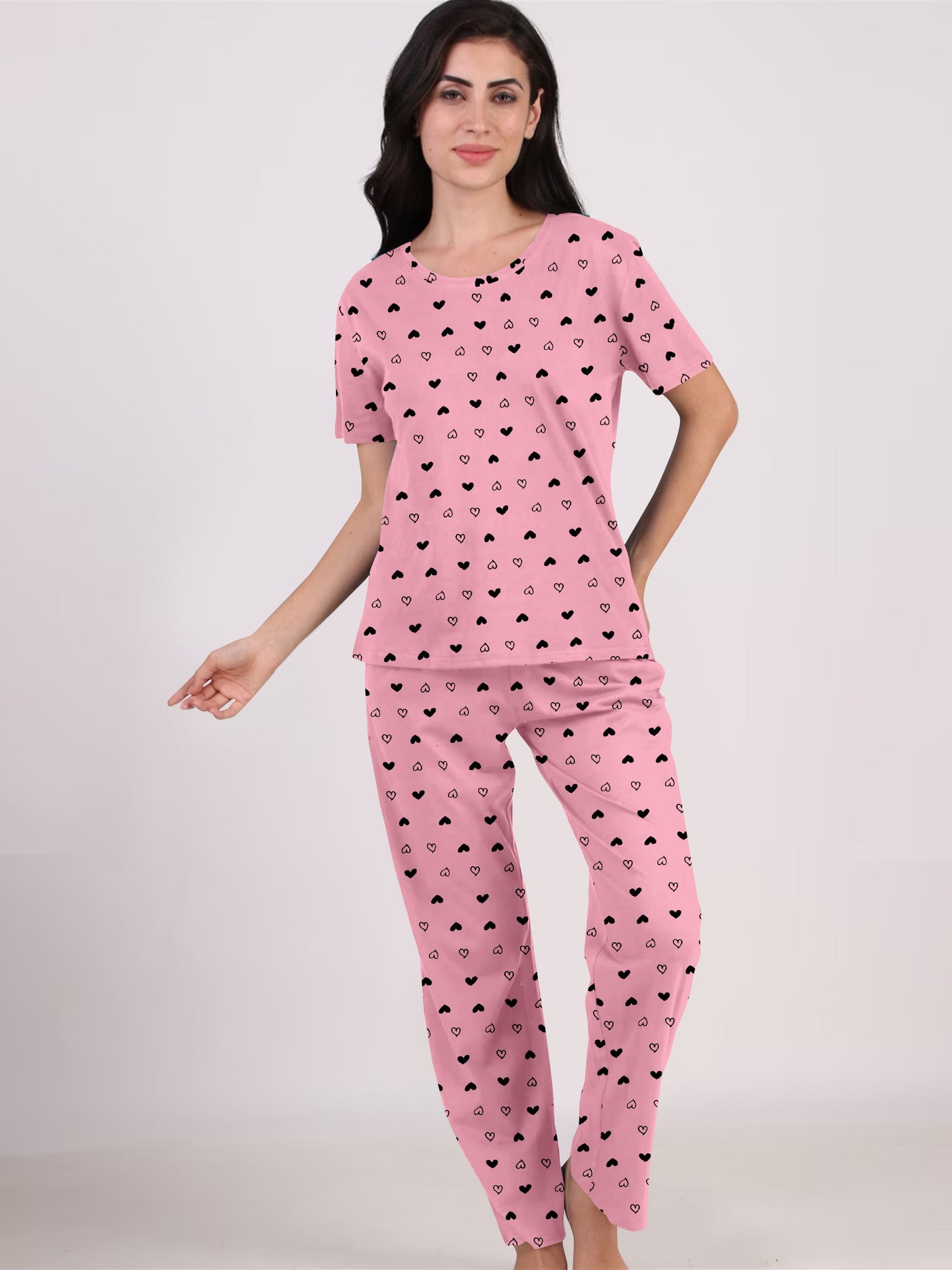 Women's And Girl's Cotton Heart Printed Baby Pink Night Suit Set of T-Shirt & Pyjama.
