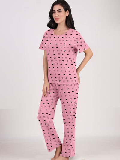 Women's And Girl's Cotton Heart Printed Baby Pink Night Suit Set of T-Shirt & Pyjama.