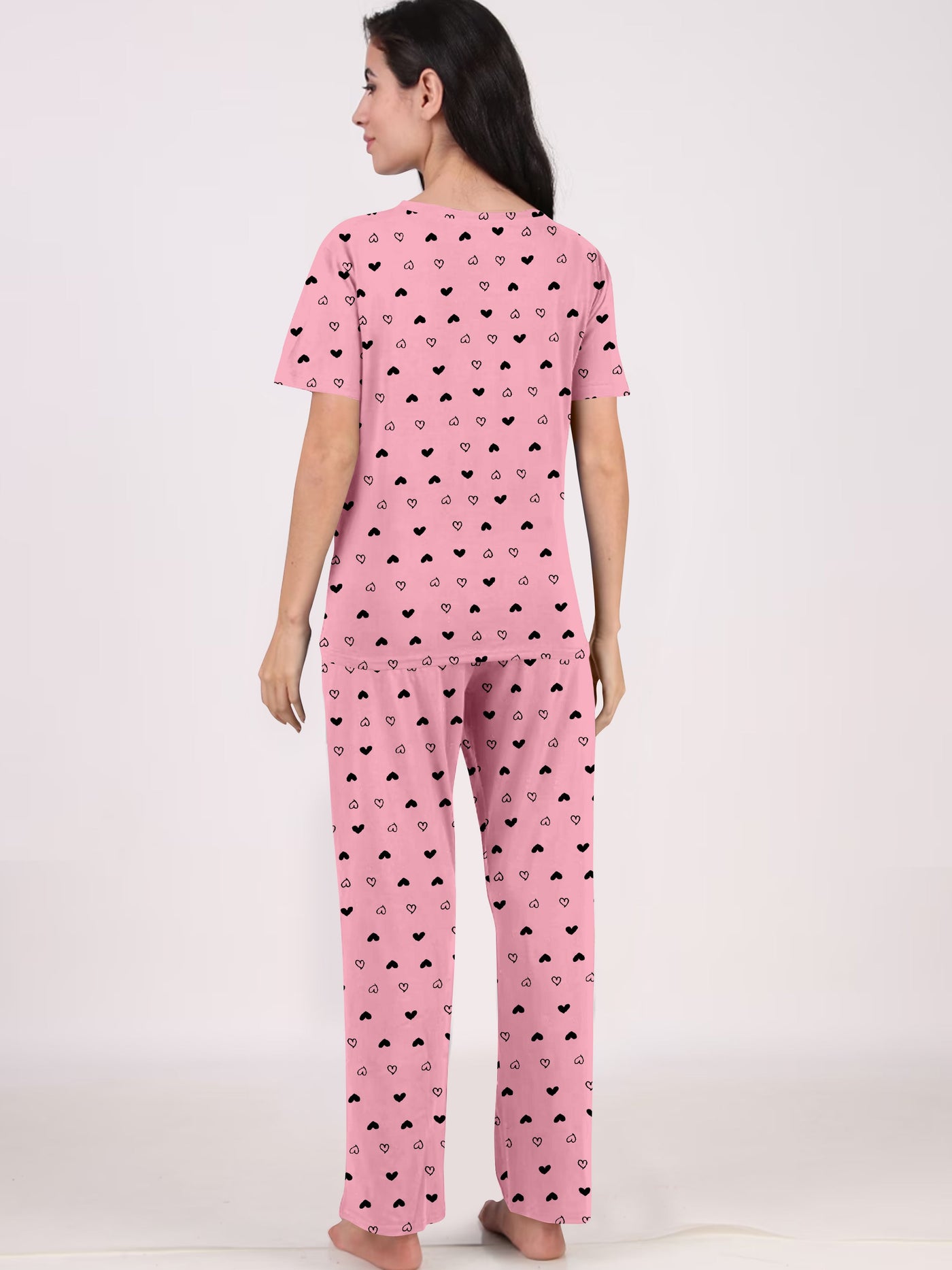 Women's And Girl's Cotton Heart Printed Baby Pink Night Suit Set of T-Shirt & Pyjama.