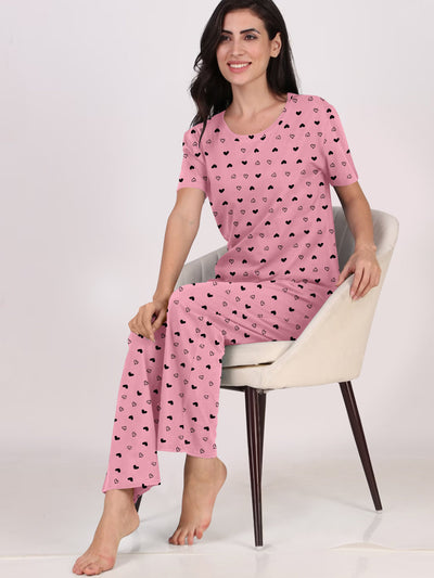 Women's And Girl's Cotton Heart Printed Baby Pink Night Suit Set of T-Shirt & Pyjama.