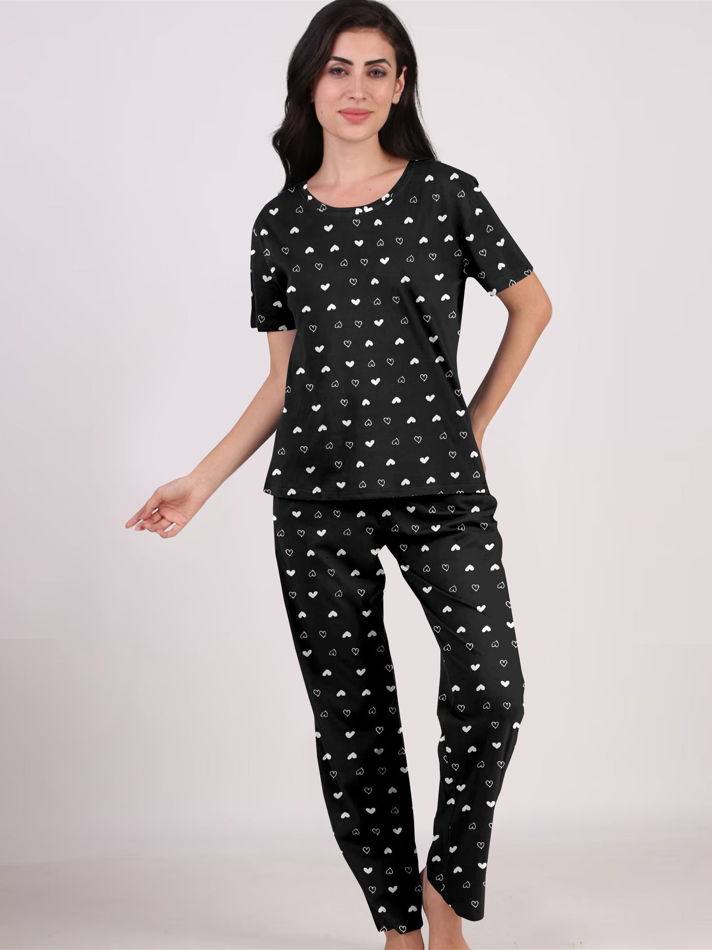 Women's And Girl's Cotton Heart Printed Black Night Suit Set of T-Shirt & Pyjama.