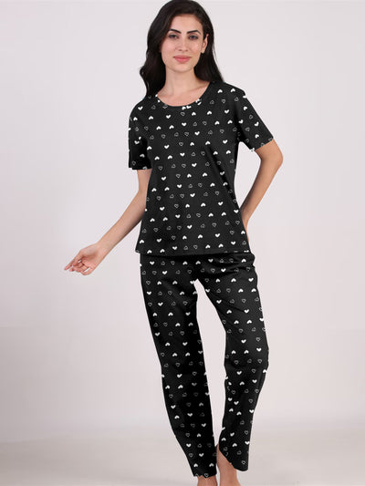 Women's And Girl's Cotton Heart Printed Black Night Suit Set of T-Shirt & Pyjama.