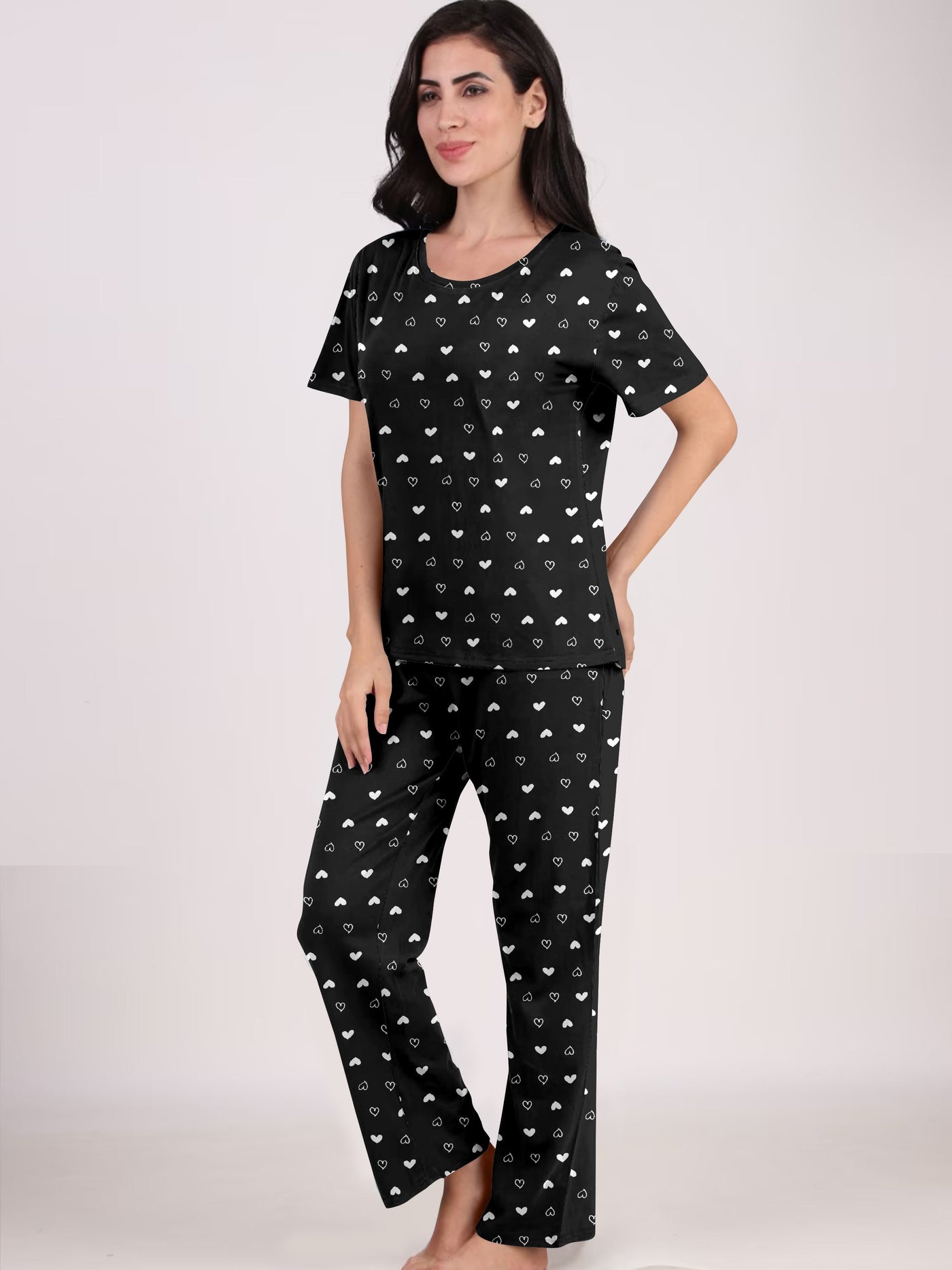 Women's And Girl's Cotton Heart Printed Black Night Suit Set of T-Shirt & Pyjama.
