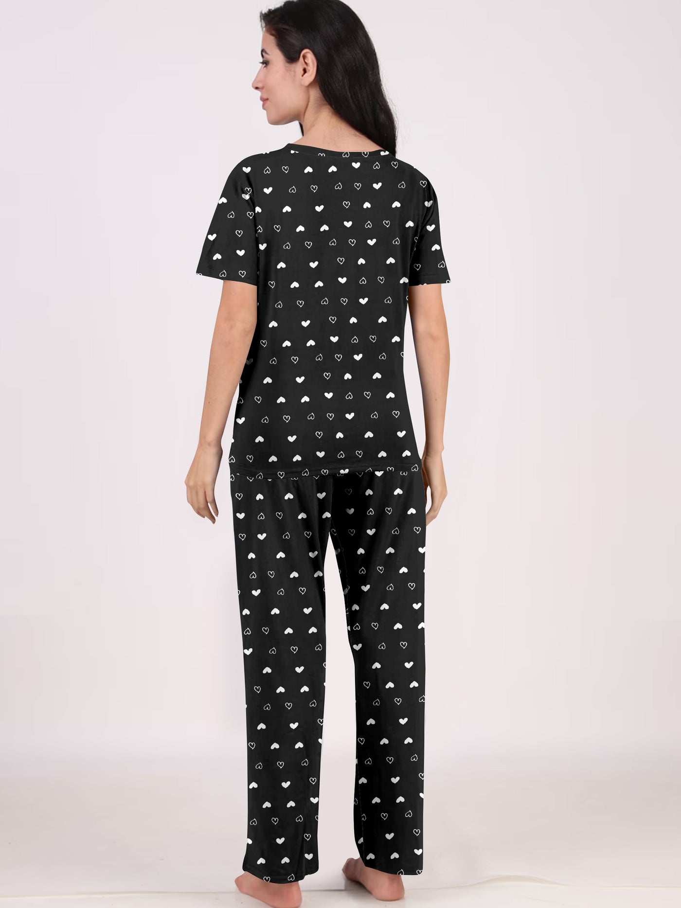 Women's And Girl's Cotton Heart Printed Black Night Suit Set of T-Shirt & Pyjama.