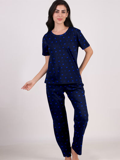 Women's And Girl's Cotton Heart Printed Navy Blue Night Suit Set of T-Shirt & Pyjama.
