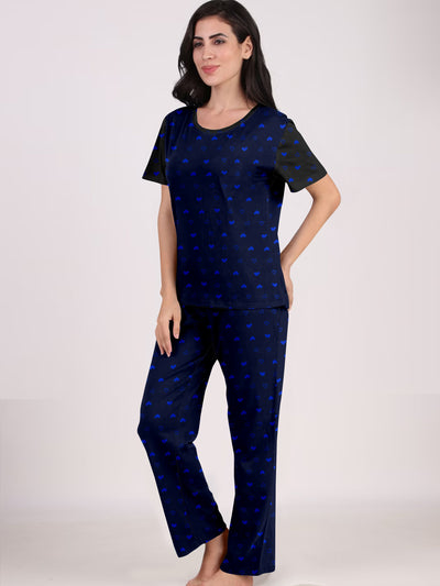 Women's And Girl's Cotton Heart Printed Navy Blue Night Suit Set of T-Shirt & Pyjama.