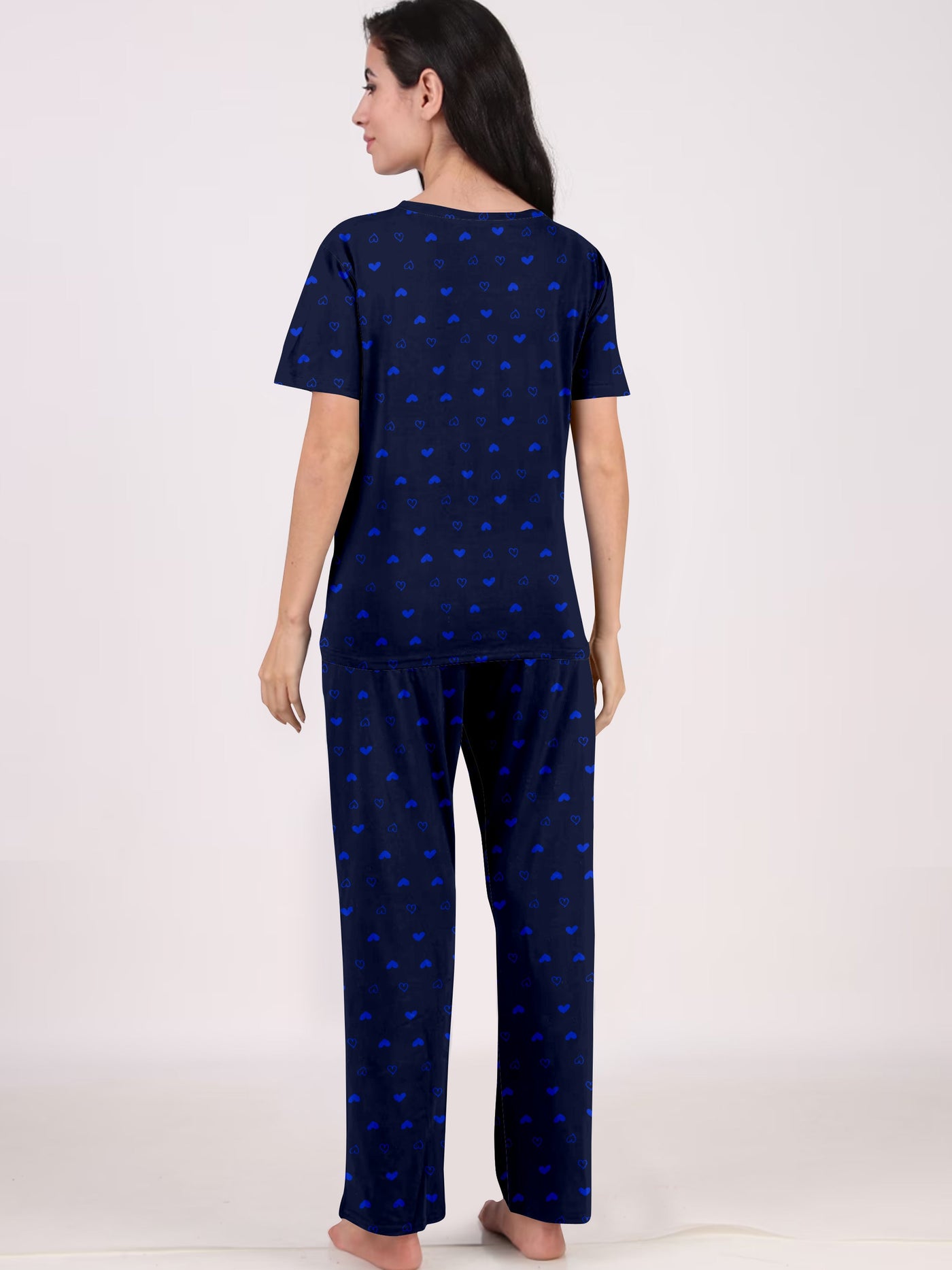 Women's And Girl's Cotton Heart Printed Navy Blue Night Suit Set of T-Shirt & Pyjama.