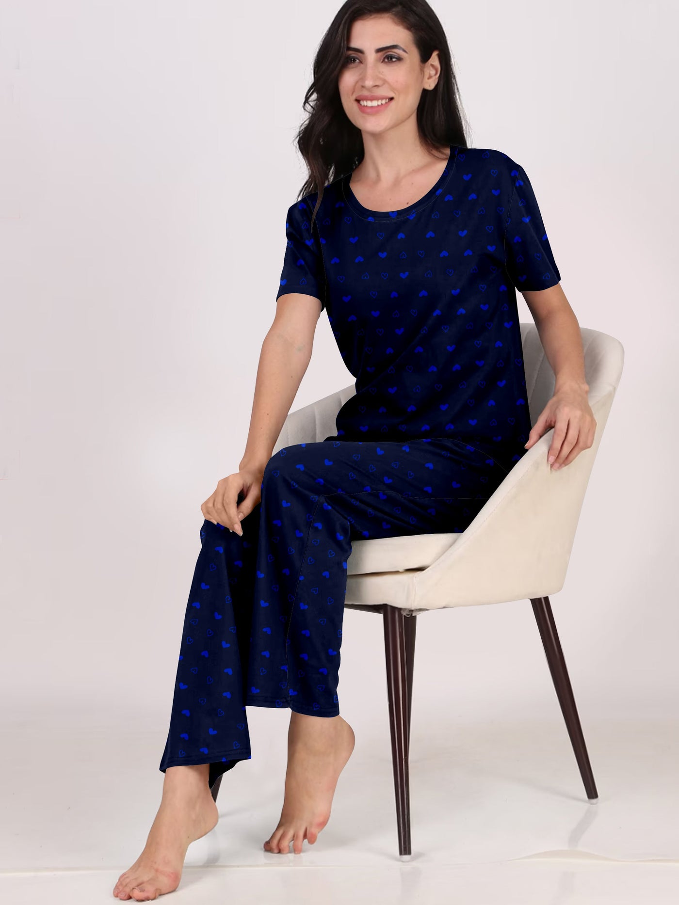 Women's And Girl's Cotton Heart Printed Black Night Suit Set of T-Shirt & Pyjama.