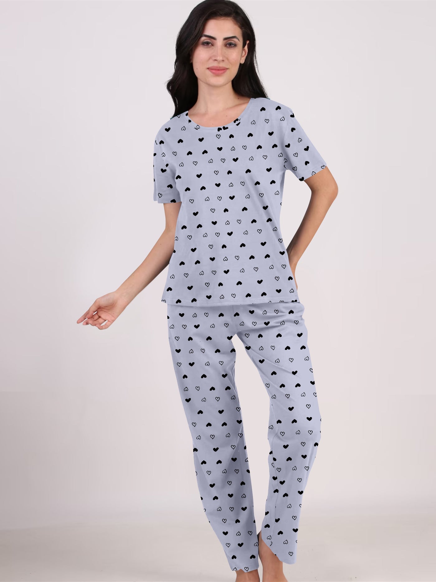 Women's And Girl's Cotton Heart Printed Grey Night Suit Set of T-Shirt & Pyjama.