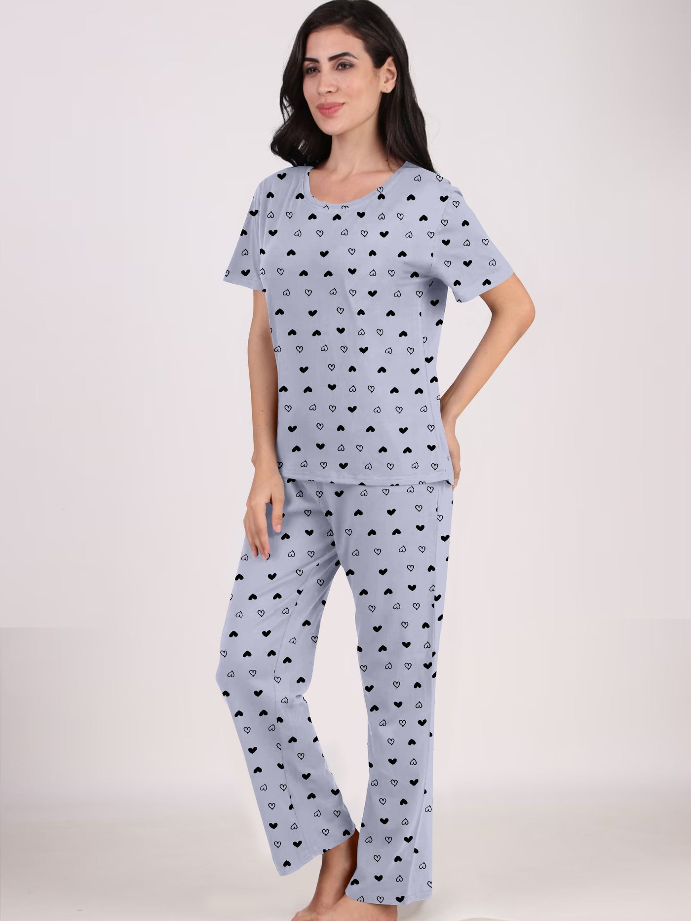 Women's And Girl's Cotton Heart Printed Grey Night Suit Set of T-Shirt & Pyjama.