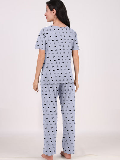 Women's And Girl's Cotton Heart Printed Grey Night Suit Set of T-Shirt & Pyjama.