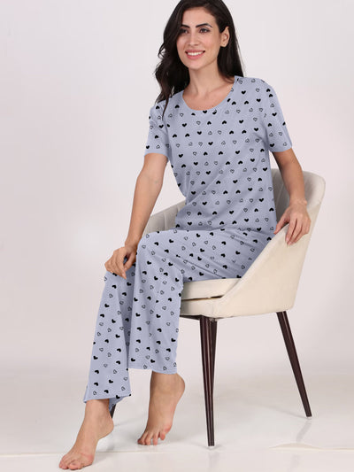 Women's And Girl's Cotton Heart Printed Grey Night Suit Set of T-Shirt & Pyjama.