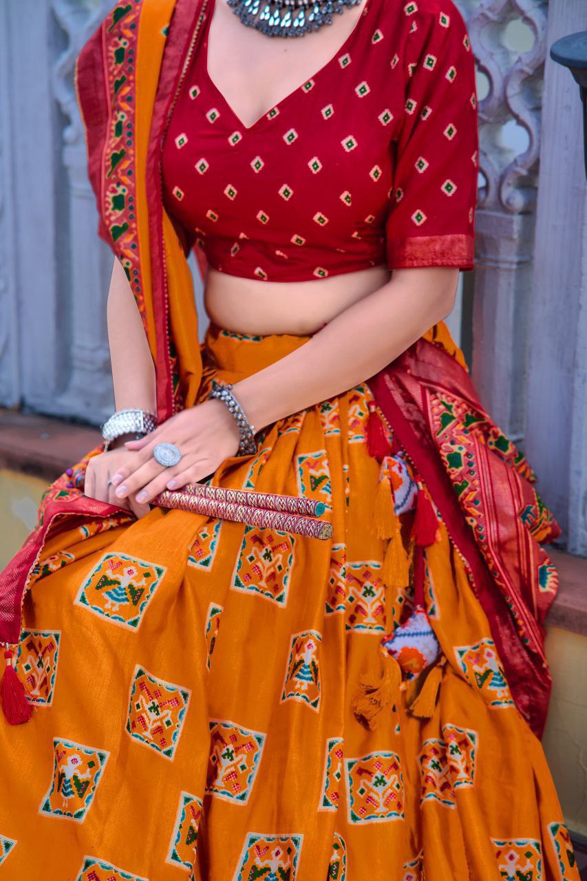 Embrace the elegance of Dola Silk where tradition printed lehenga choli