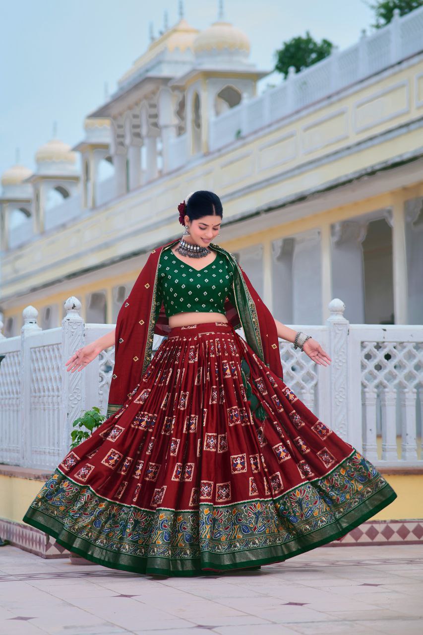 Embrace the elegance of Dola Silk where tradition printed lehenga choli