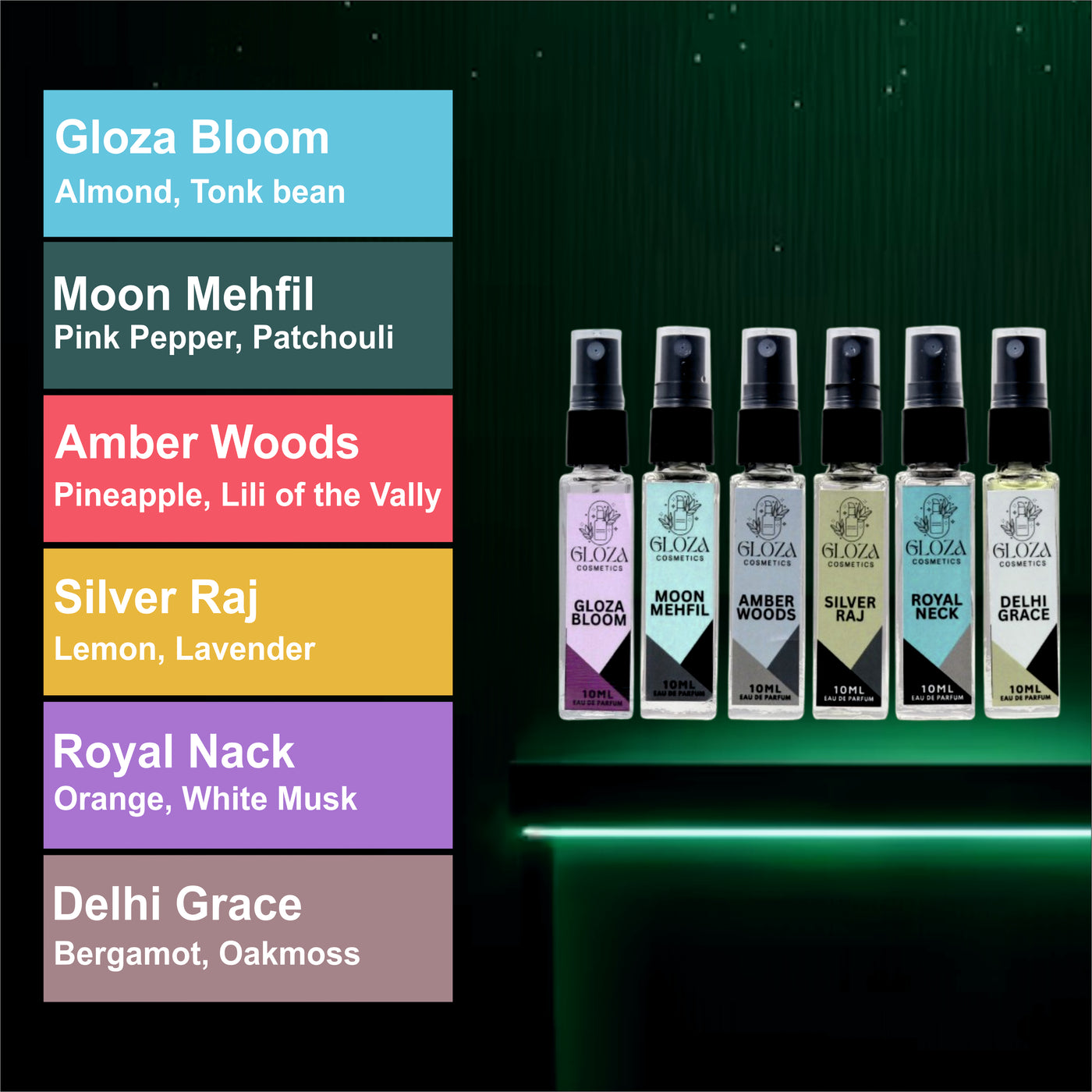 Luxury Long Lasting Unisex Perfume Gift Set | 6x10ml Perfume for Man & Woman Sweet, Premium Fragrance Scent | GLOZA BLOOM,MOON MEHFIL,AMBER WOODS,SILVER RAJ,ROYAL NACK,DHEHI GRACE | Gifts for Men and Women