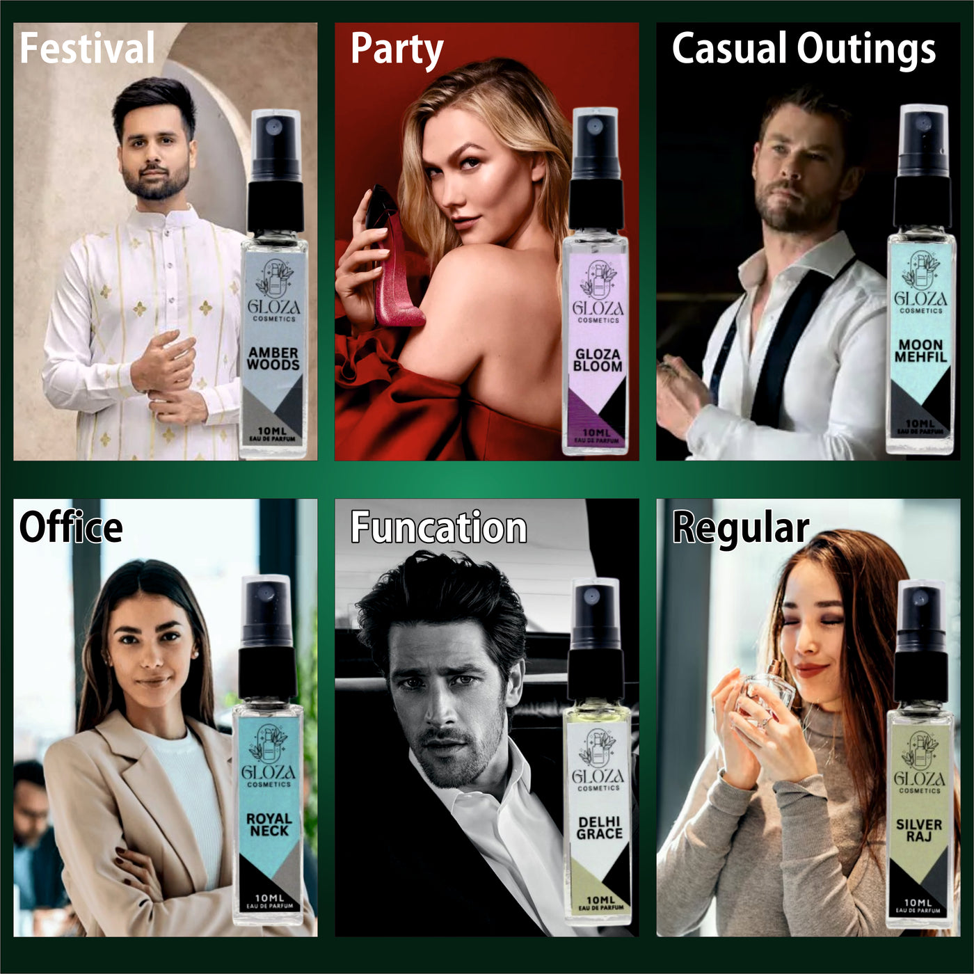 Luxury Long Lasting Unisex Perfume Gift Set | 6x10ml Perfume for Man & Woman Sweet, Premium Fragrance Scent | GLOZA BLOOM,MOON MEHFIL,AMBER WOODS,SILVER RAJ,ROYAL NACK,DHEHI GRACE | Gifts for Men and Women